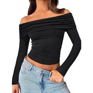 Women’s Long Sleeve Off Shoulder Crop Tops Slim Fit Y2K Fall 2025 Fashion Cloth